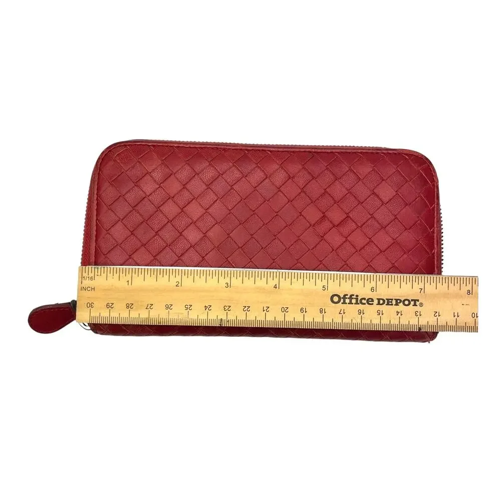 Bottega Veneta Intrecciato Red Leather Zip Around Continental Wallet